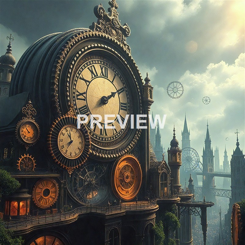 An elaborate, steampunk-inspired clock tower with multiple gears and smaller clocks, set against a fantastical cityscape with flying gears and spires in the background.